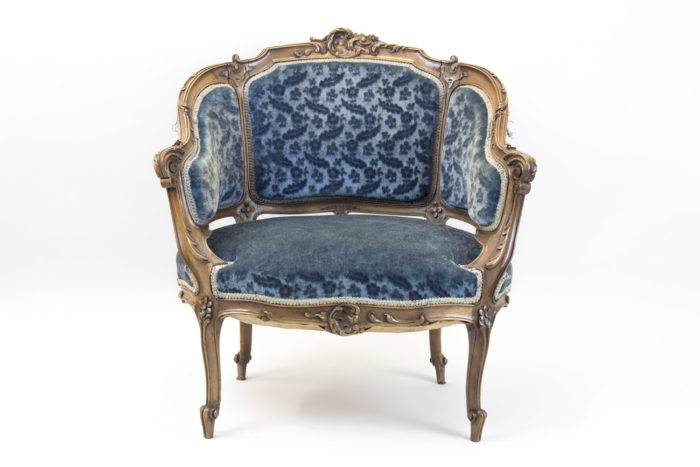 rocaille bergeres armchairs walnut blue velvet