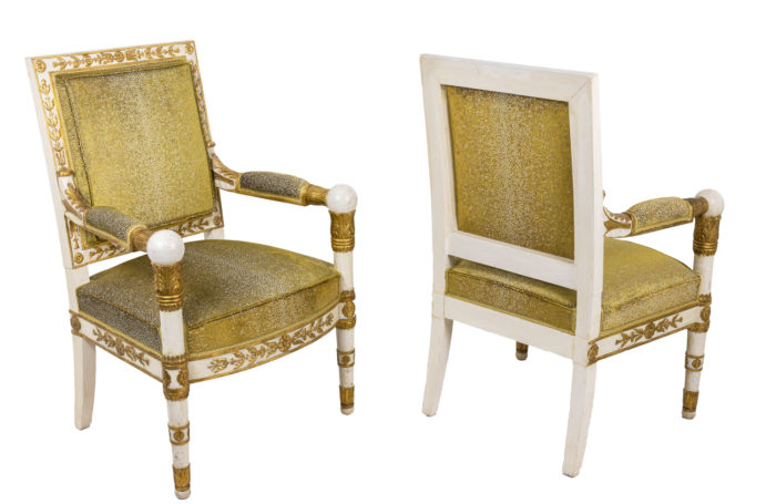 fauteuils style empire bois laqué blanc et or