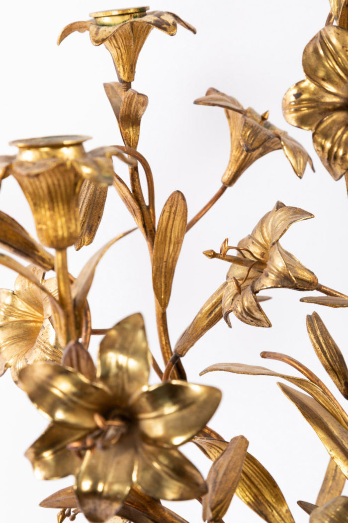 candelabre fleurs bronze laiton doré bobeches