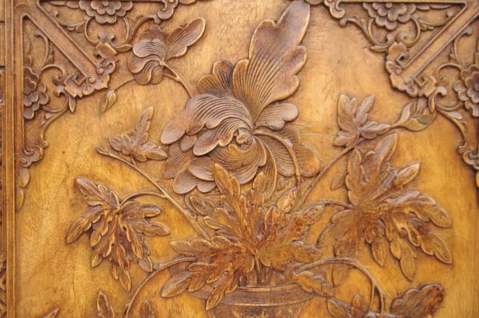 pair chinese style bas relief wood detail flowers