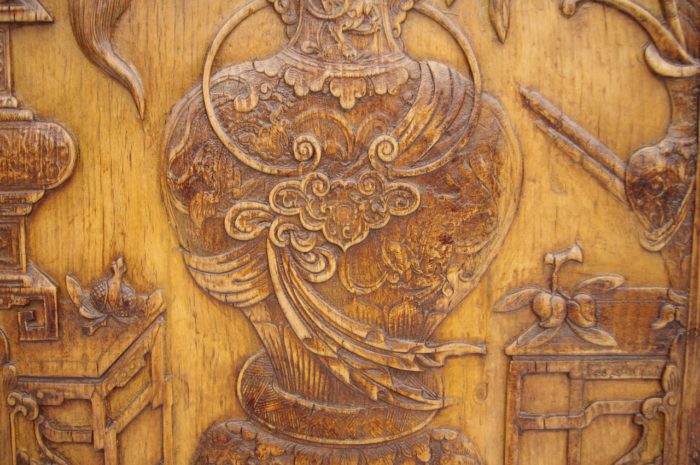 pair chinese style bas relief wood detail flowers