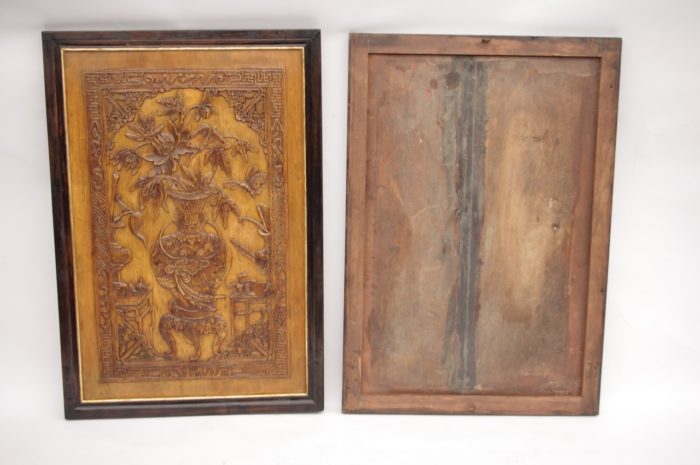 pair chinese style bas relief wood back