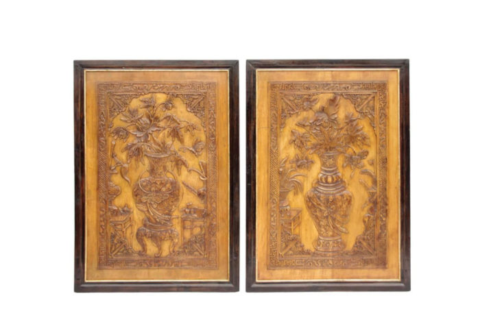 pair chinese style bas relief wood