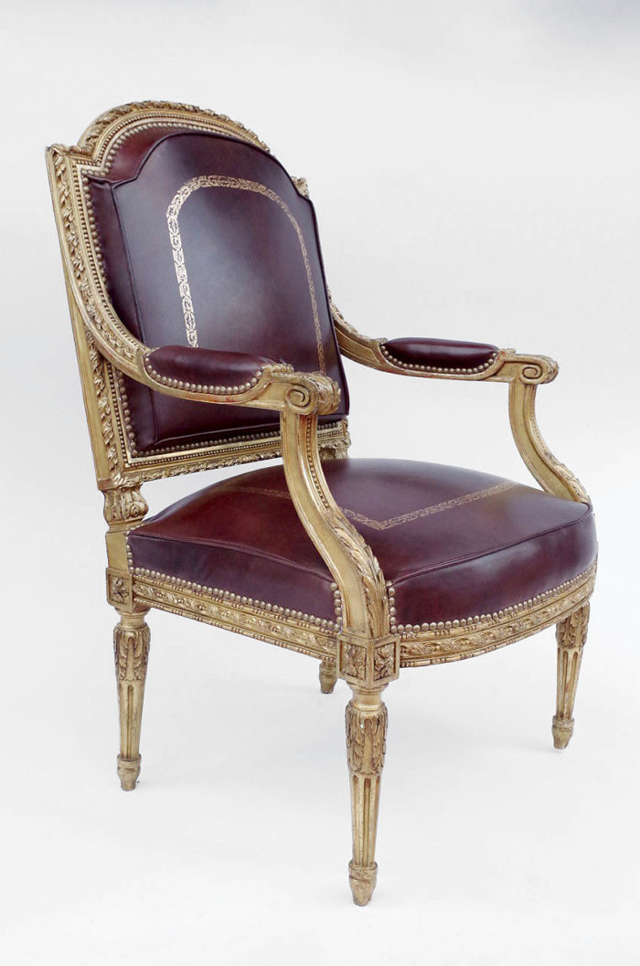 mahogany leather gilt wood louis xv style armchair