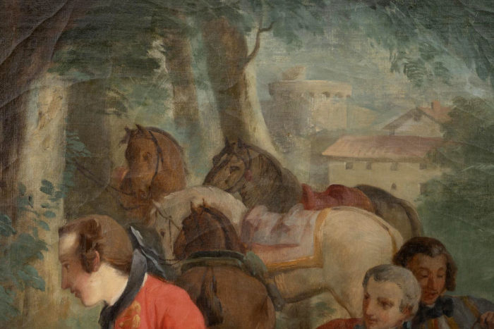 tableau van loo halte de chasse ecole française chevaux fond