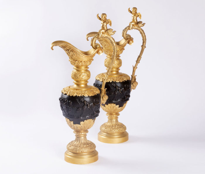 pair ewers two patina bronze clodion brown side