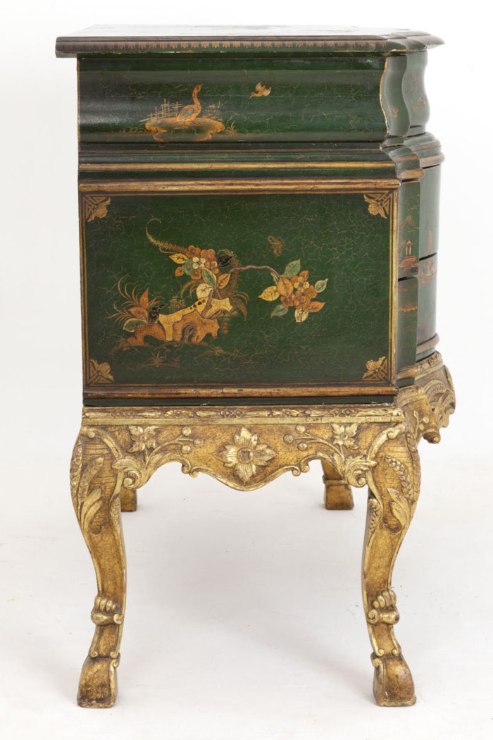 serpentine commode green lacquer flowers side right
