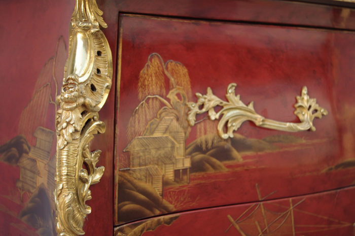 commode sauteuse louis xv gilt bronze red lacquer