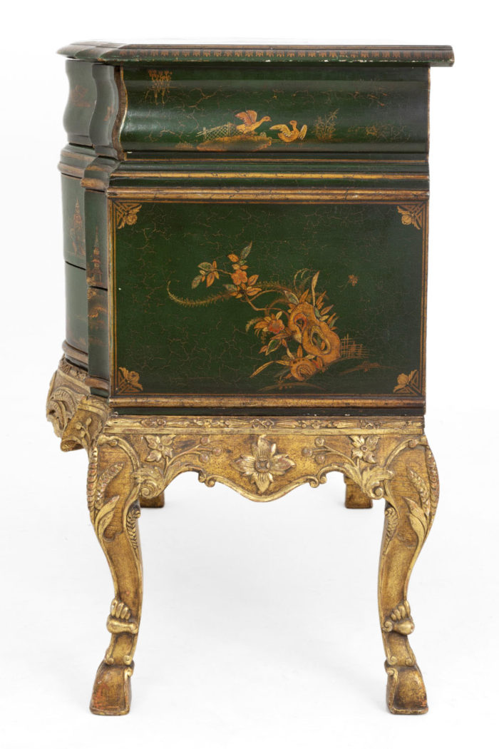 serpentine commode green lacquer flowers side