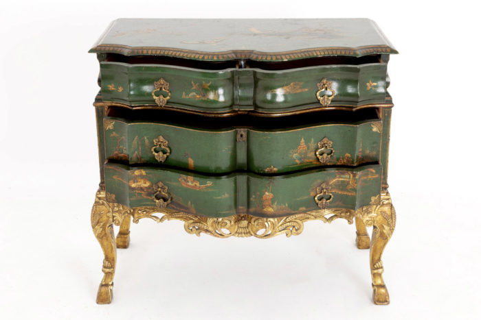 serpentine commode green lacquer english drawers open