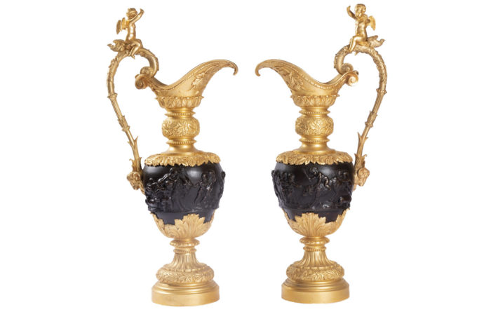 pair ewers two patina bronze clodion