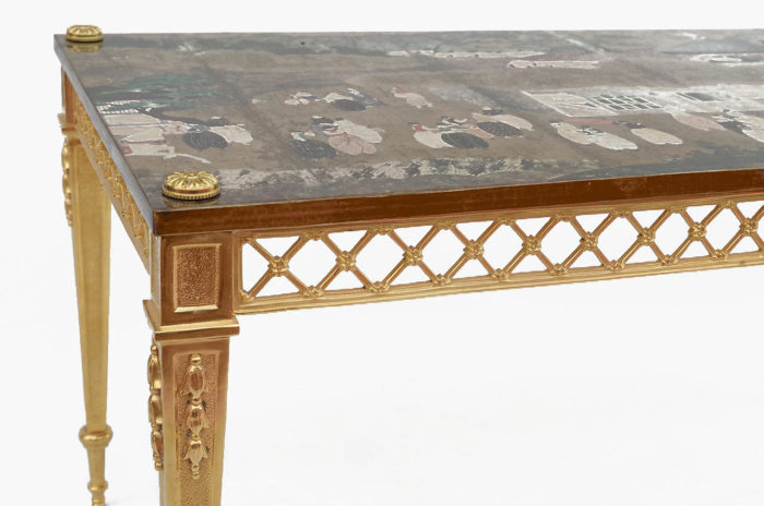 gilt bronze coffee table louis xvi legs lattice openwork apron