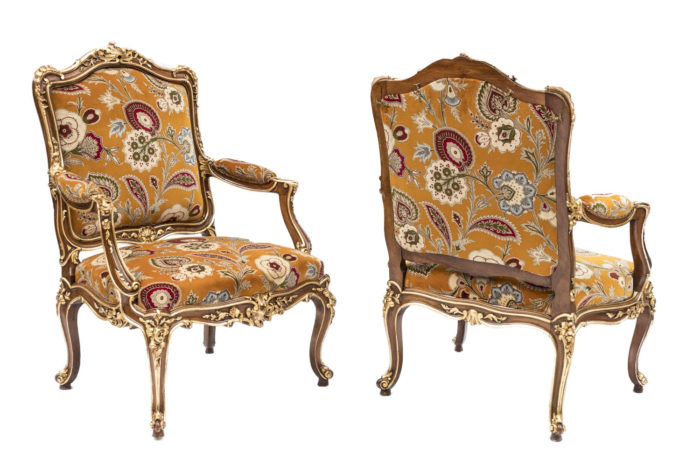 pair louis xv style à chassis armchairs natural walnut