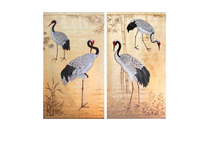 pair raw canvas cranes gilt background