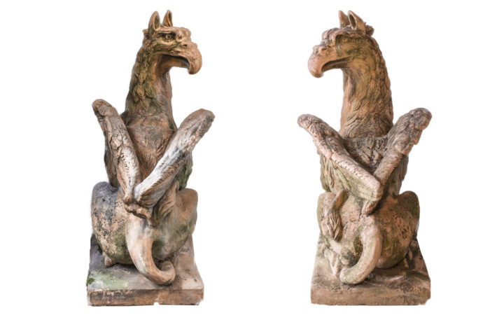 pair griffins chimeras stone back eagle wings