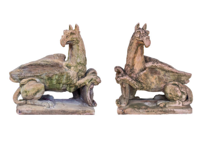 pair griffins sculptures in terracotta style stone