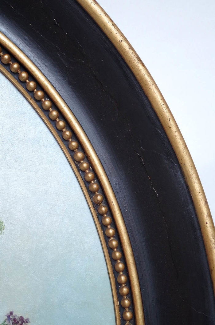 laurenceau pair oil on canvas flowers black gilt frame