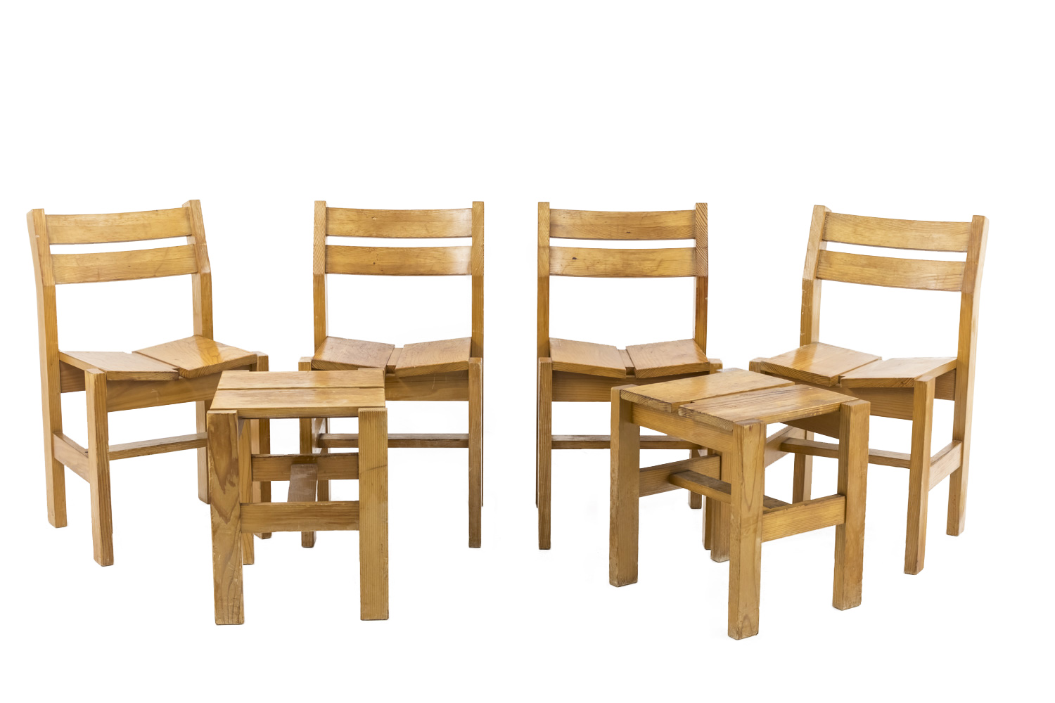 Straw and Pine Chair, Mountain Furniture by Charlotte Perriand, 1950s, Set  of 2