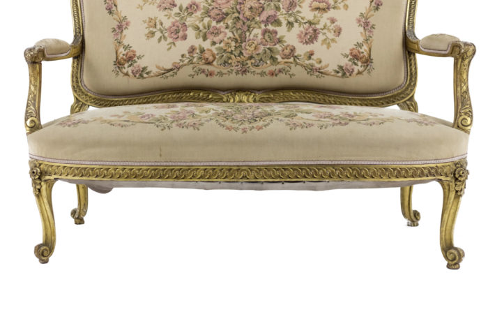 transition style sofa gilt wood tapestry apron