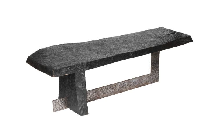 coffee table gouged wood and silvered metal