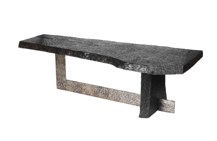 coffee table gouged wood and silvered metal