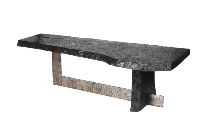 coffee table gouged wood and silvered metal