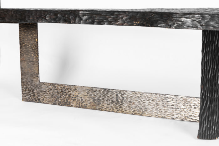 coffee table gouged silvered metal leg