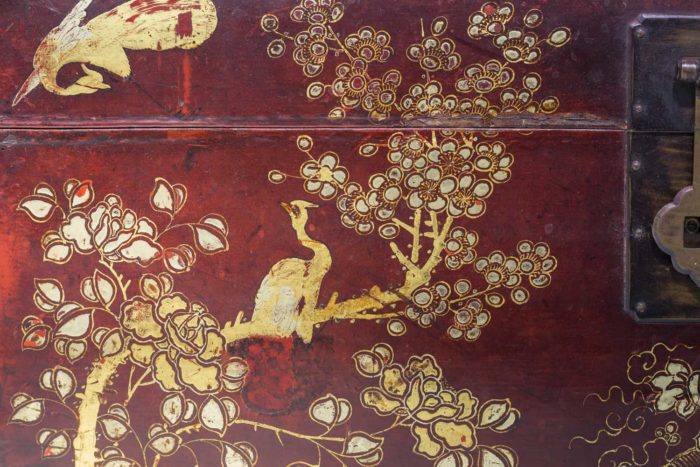 chinese coffer red gilt lacquered wood decor