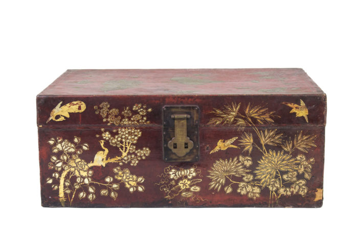 chinese coffer red gilt lacquered wood face