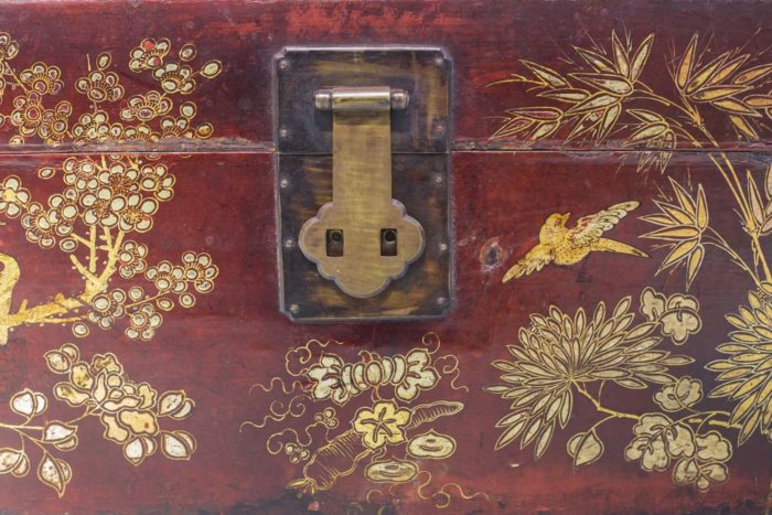 chinese coffer red gilt lacquered wood latch