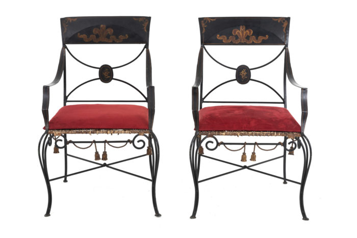 directoire style armchairs black lacquered metal face
