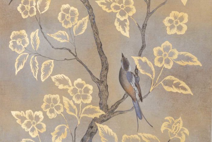 toile oiseaux feuilles fleurs or