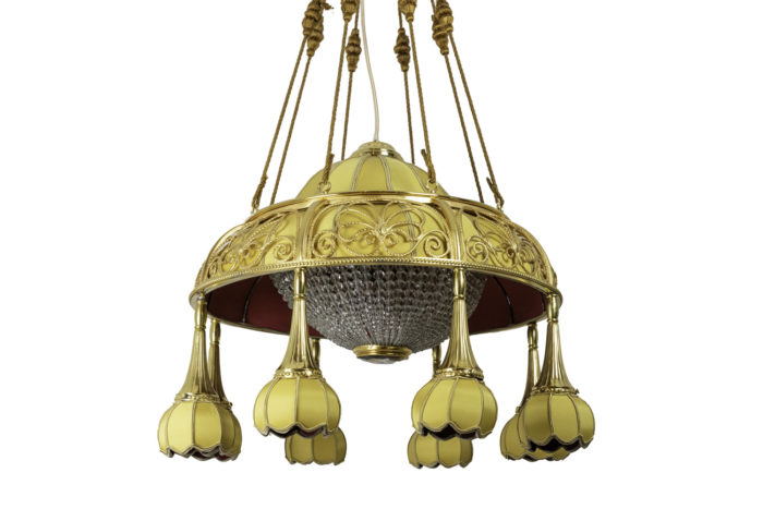 art nouveau chandelier yellow fabric gilt bronze