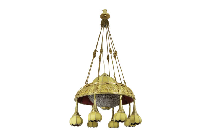 art nouveau chandelier yellow fabric gilt bronze