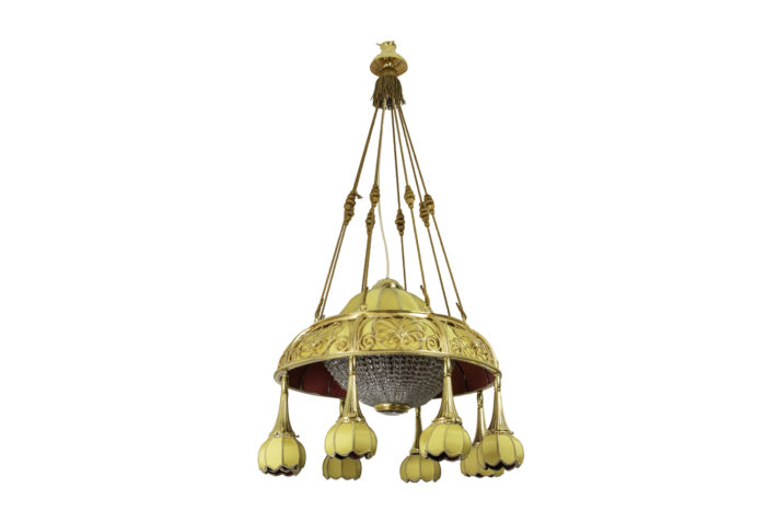 art nouveau chandelier yellow fabric gilt bronze