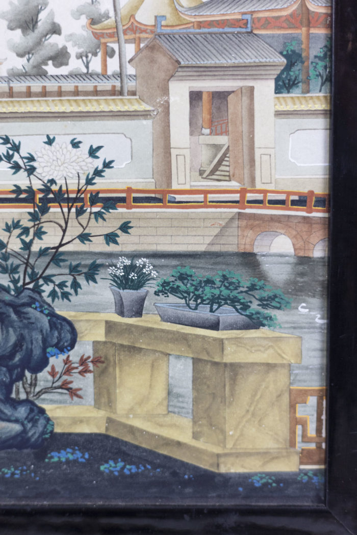 watercolor young woman chinese style terrace