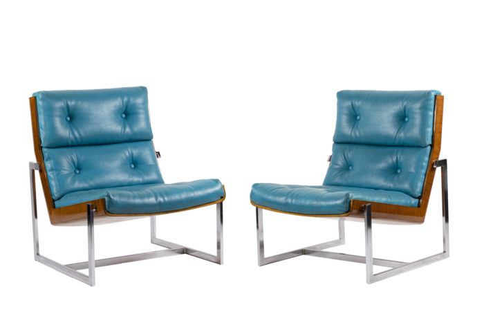william plunkett armchairs blue leather plywood chromed metal