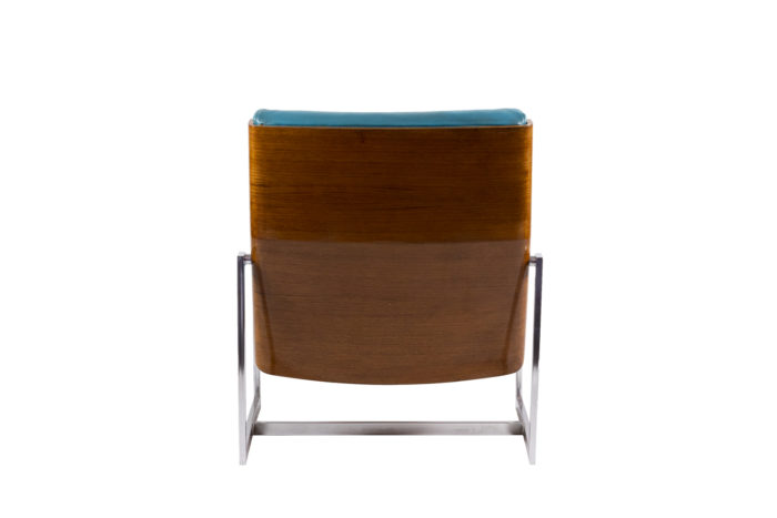 william plunkett armchairs blue leather plywood chromed metal back