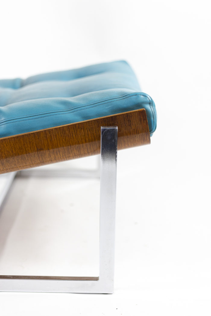 armchairs blue leather plywood chromed metal detail