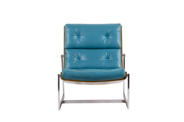 william plunkett armchairs blue leather plywood chromed metal face
