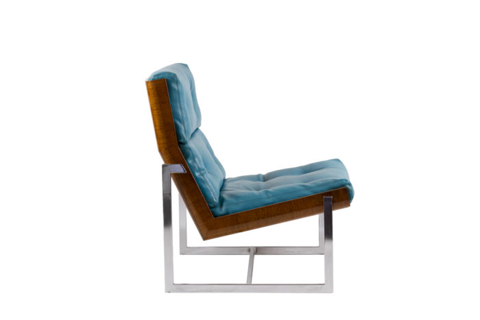 william plunkett armchairs blue leather plywood chromed metal side