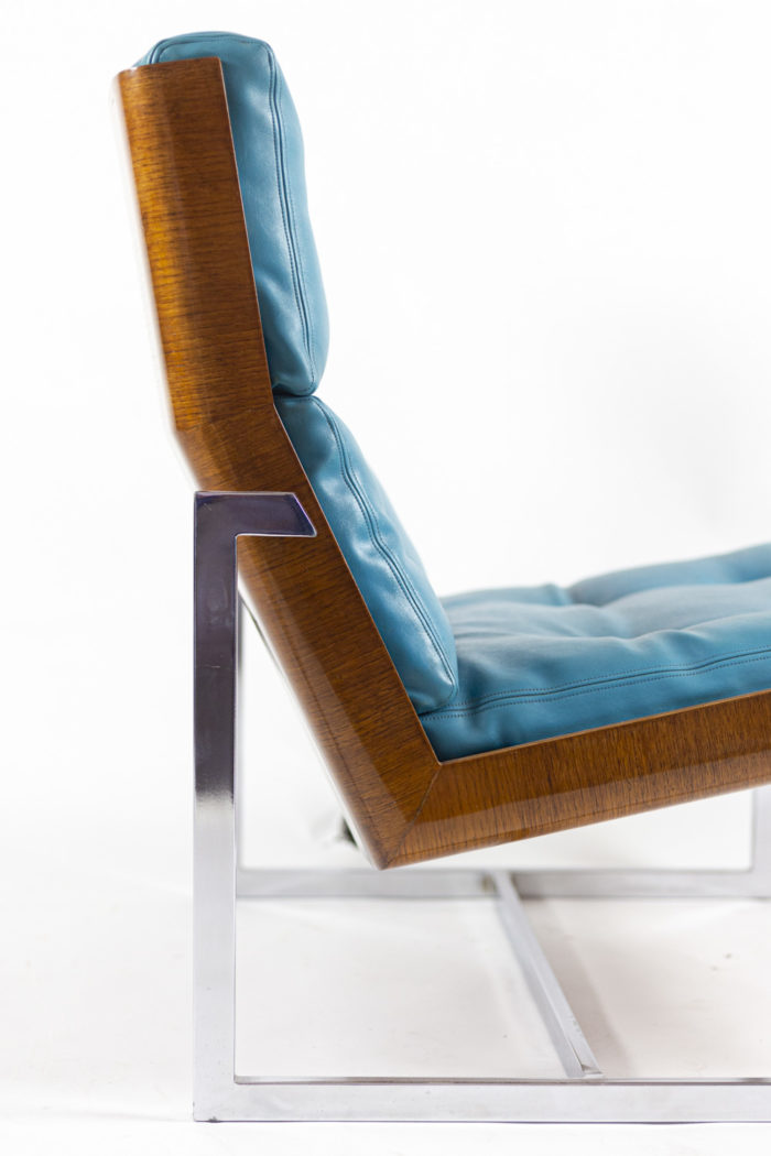 william plunkett armchairs blue leather plywood chromed metal legs