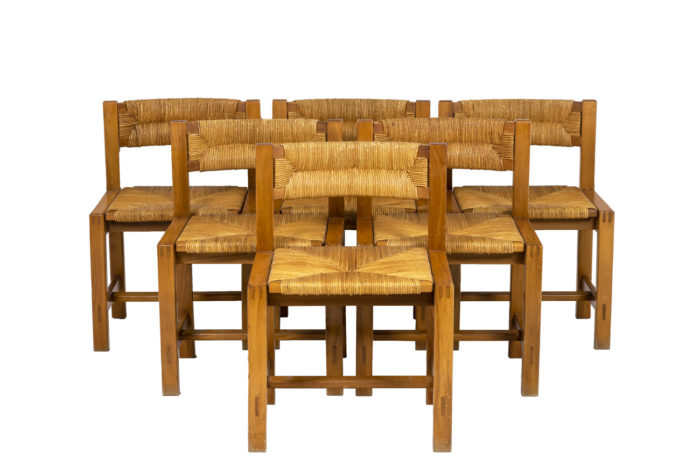 Maison Regain, Series of six chairs in elm and straw
