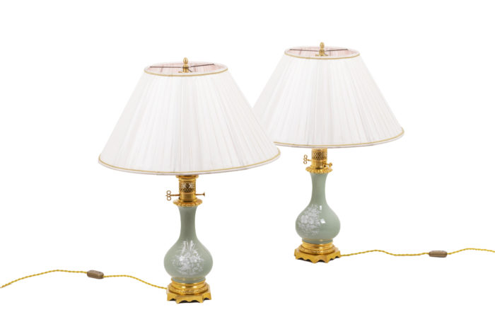 Louis XVI style pair of lamps in celadon porcelain