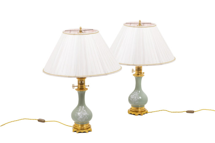 Louis XVI style pair of lamps in celadon porcelain