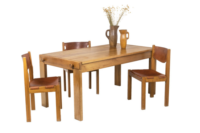 Maison Regain, Series of six chairs in elm and leather 8