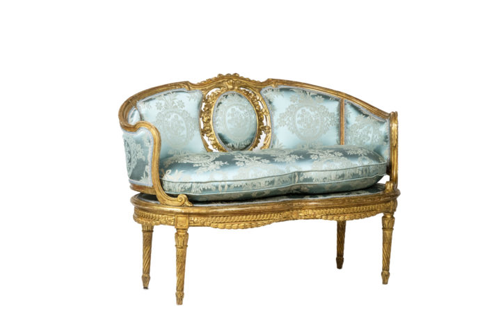 Banquette en bois doré de Style Transition, Italie époque 1900 tissus bleu - 3:4