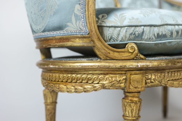 Banquette en bois doré de Style Transition, Italie époque 1900 tissus bleu - autre vue