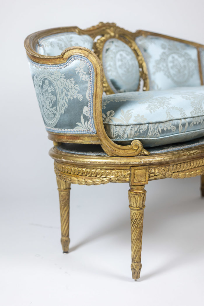 Banquette en bois doré de Style Transition, Italie époque 1900 tissus bleu - autre zoom