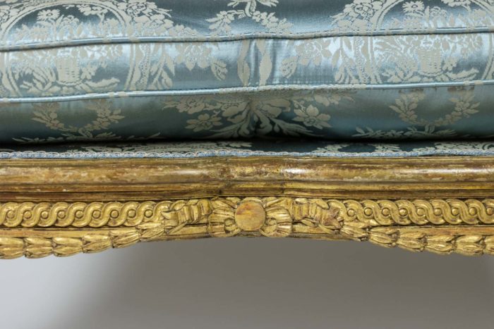Banquette en bois doré de Style Transition, Italie époque 1900 tissus bleu - bois doré
